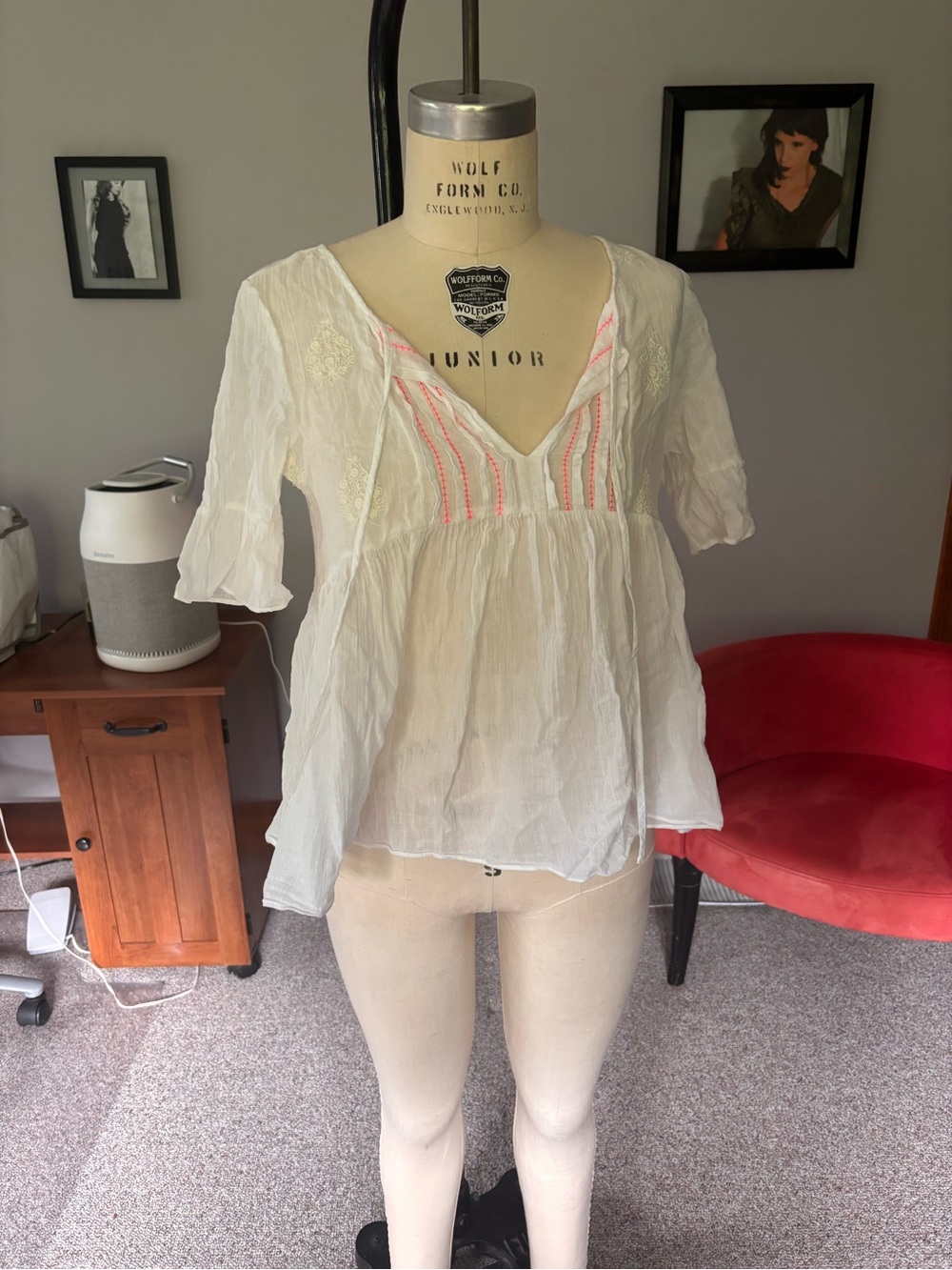 Anthropologie White Peasant Top with Pink Embroidered Accents